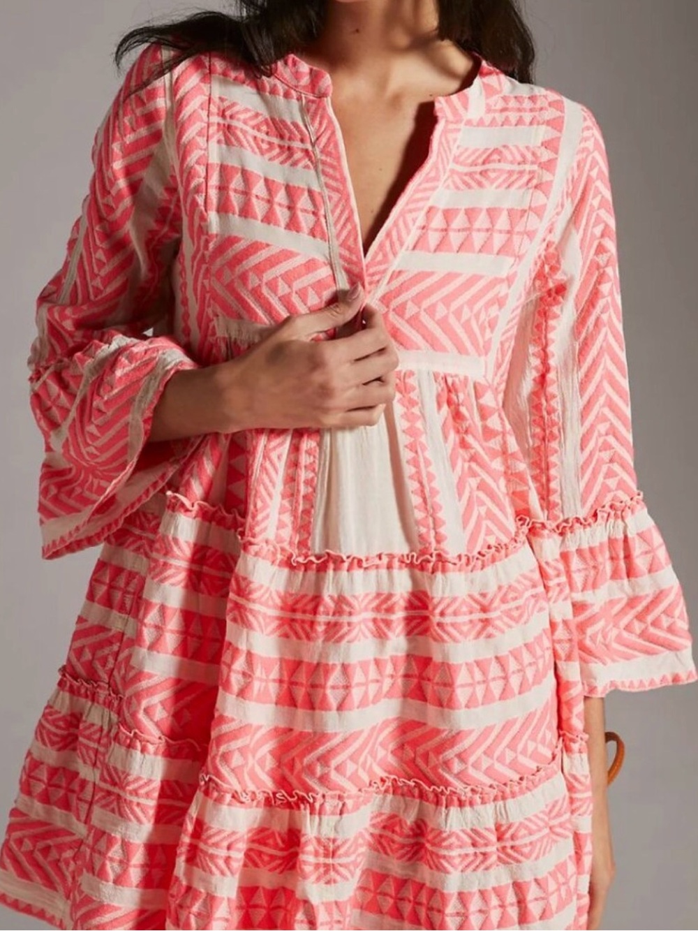 Devotion TWINS Coral and White Ella tunic Embroidered Tiered Swim Coverup
